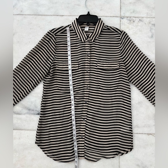 Old Navy Button Up Top Stripe Black Beige Pocket Sheer Women M Minimalist Office - Picture 7 of 11